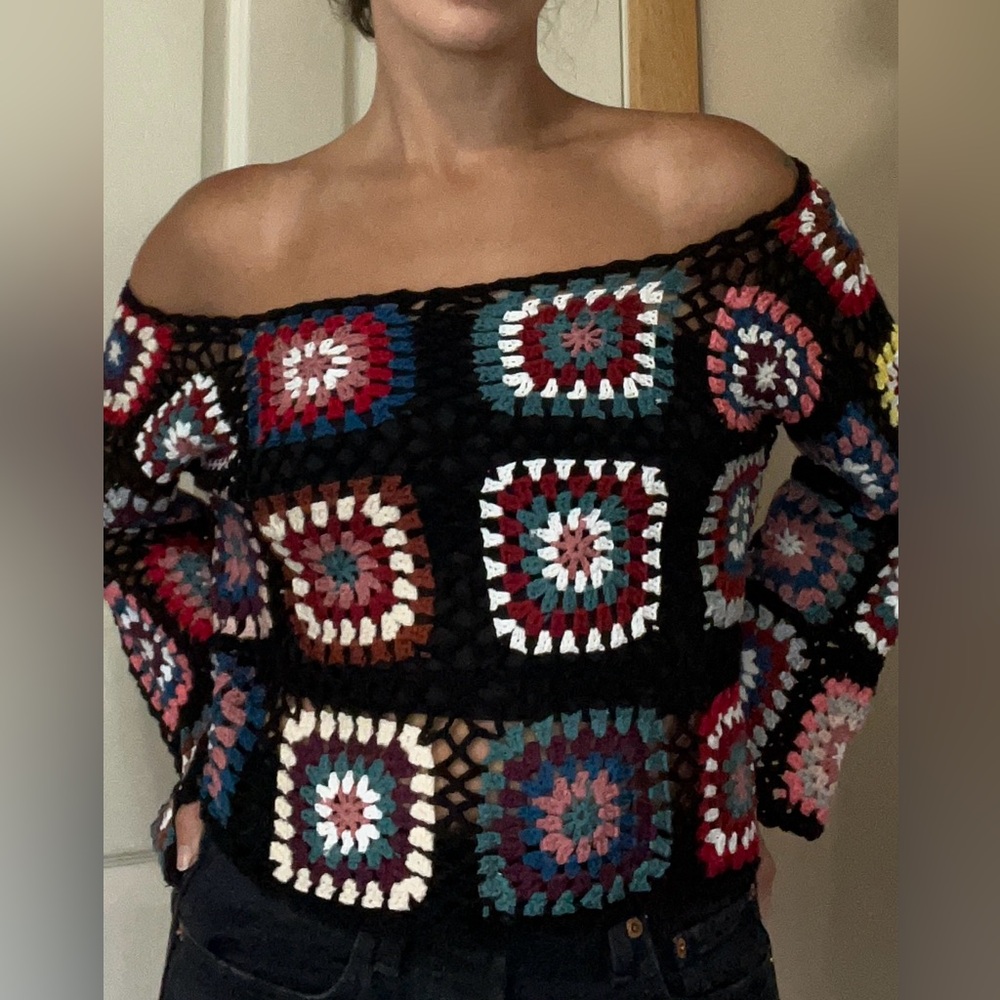 Multicolor Crochet Crew Neck Sweater